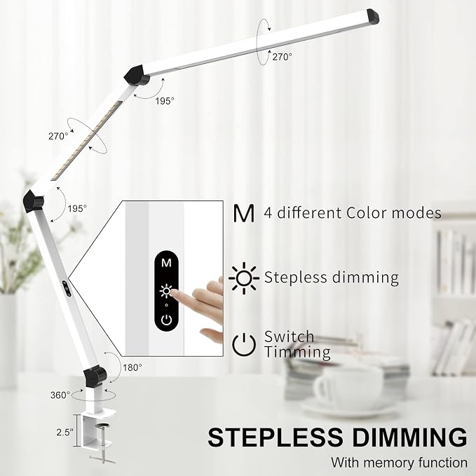 LED Desk Lamp with Clamp, Dual Light Table Lamp with Adjustable Swing Arm, Eye-Care 4 CCT Modes & 5 Brightness Levels Clip-on Architect Modern Desk Light for Home Office Crafting Sewing - Image 3