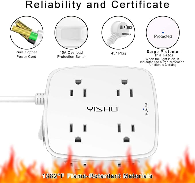 6Ft Surge Protector Power Strip with 8 Widely Outlets & 4 USB Ports | 3 Side Outlet Extender with 6 Feet Extension Cord, Flat Plug, for Home, Office, College Dorm Room Essentials, ETL, White - Image 6