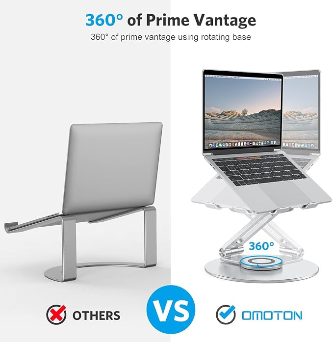 OMOTON Adjustable Laptop Stand for Desk 360° Rotating Base up to 17" Silver | Ergonomic Laptop Rise for Collaborative Work, Foldable Dual Shaft for Easy Storage, Fits for MacBook/Dell/HP - Image 3