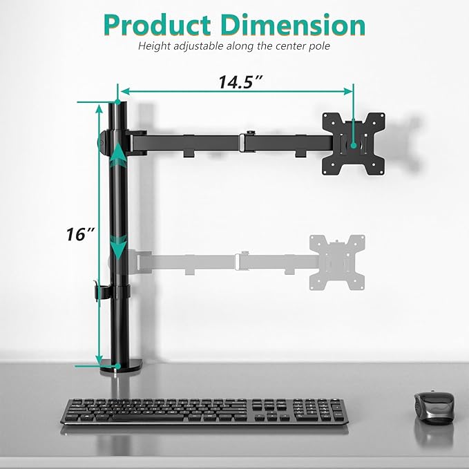 WALI Single Monitor Mount, Single Monitor Arm Desk Mount, Up to 32 inch Ultrawide, Regular Screens up to 27 inches, 22lbs, Adjustable Mount with C-CLAMP for Home Office Application(M001), Black - Image 3