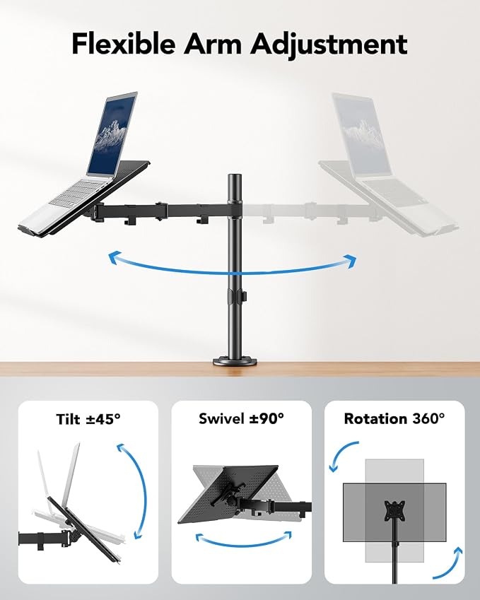 HUANUO Laptop Desk Mount - 17' to 32' Monitor Arm, Ventilated Tray, Fully Adjustable with Tilt, Swivel & Rotation, Holds up to 22 lbs - Image 5