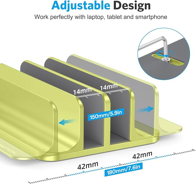 OMOTON Dual Vertical Desk Laptop Stand Holder, Fits MacBook Air/Pro, Citron | Aluminum Laptop Storage Rack for Desk, Adjustable Dock for Up to 17.3 in. Gaming Laptop, Space-Saving Desk Organizer - Image 4