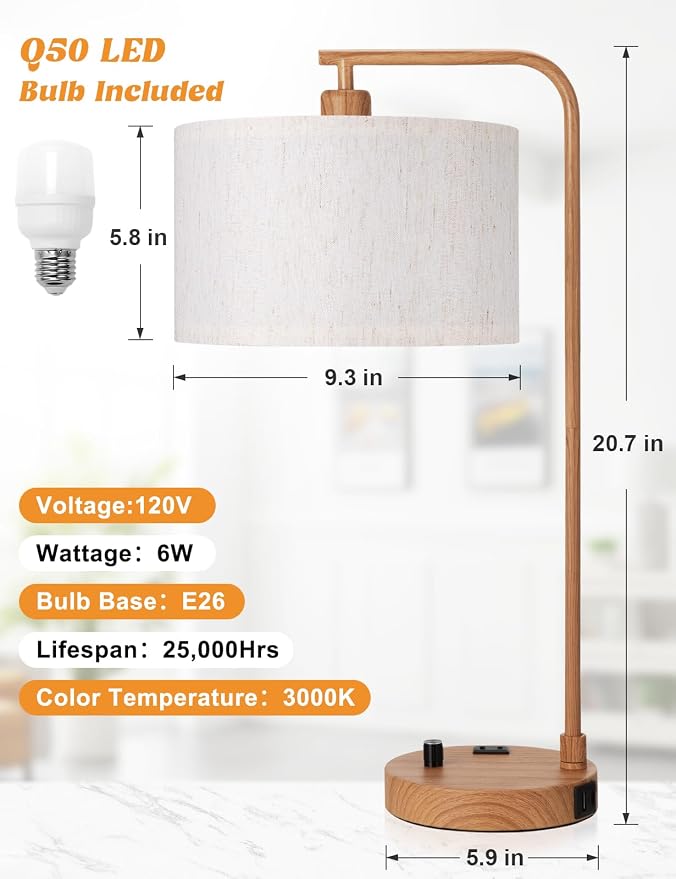 Innqoo Wood Table Lamp for Bedroom with USB Port and Outlet, Dimmable Nightstand Bedside Lamps with Linen Lampshade, Desk Lamp for Home Office, Living Room, Guest Room, LED Bulb Included - Image 7