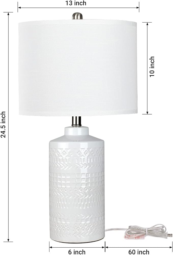 JUNNAI 24.5" White Ceramic Table Lamp 3-Way Dimmable Nightstand with White Linen Shade Bedside Lamp for Bedrooms & Living Room Office Reading(Bulb Included) - Image 4