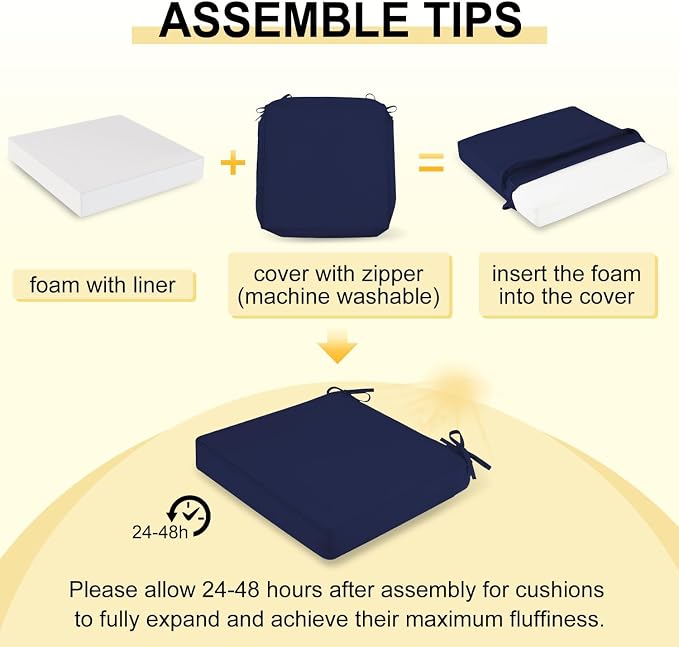 downluxe Waterproof Outdoor Chair Cushions for Patio Furniture, 22" x 22" x 3" Patio Chair Cushion with Adjustable Ties & Portable Handle, Square Outdoor Cushion with Removable Cover, Navy, 2 Pack - Image 7