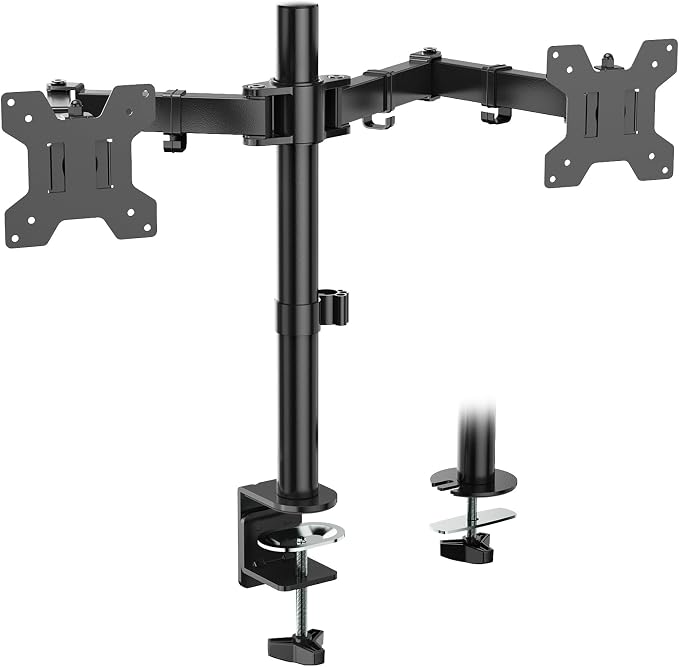 WALI Articulating Dual Monitor Stand for 13-27 inch Screens, 22 lbs per Arm | 2 Monitor Desk Mount, Full Motion with Tilt, Swivel, Rotation, C-Clamp & Grommet Base, VESA 75/100mm (M002), Black by WALI