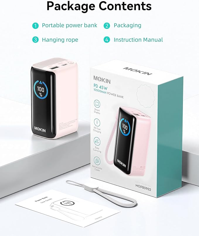 MOKiN Portable Charger with Built-in Retractable USB-C Cable, 45W Fast Charging 10000mAh Power Bank, Compact Travel Battery Pack for iPhone 17/16, Samsung Galaxy, iPad, Pixel and More - Image 8