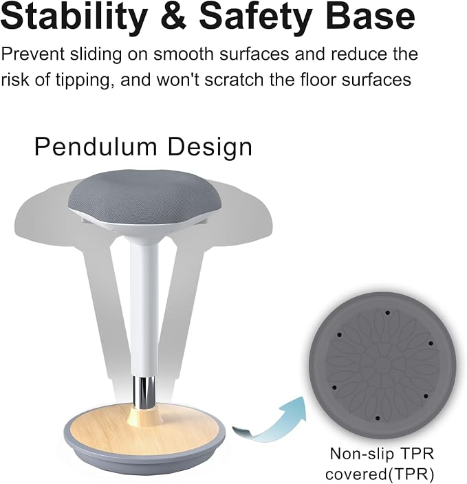 Adult Wobble Stool - Anti-Fatigue Standing Desk Stool with 360° Rocking Non-Slip Curved Base, Height Adjustable 22-32 Inch Standing Chair for Home & Office,Light Wood - Image 4