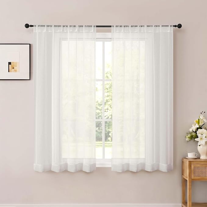 Ivory Short Sheer Curtains 54 Inch Length for Bedroom 2 Panels Set | Light Filtering, Rod Pocket, Elegant Solid Voile Sheer, Living Room Window Treatments, Airy Soft Fabric, 42"W X 54"L by OWENIE