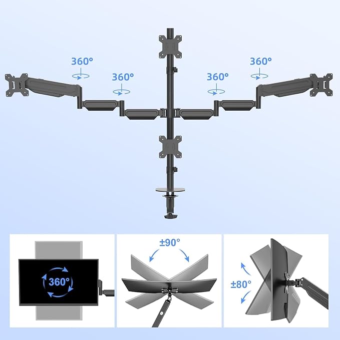 Pholiten Quad 4 Monitor Arm Desk Mount for Max 32 inch Screens, Gas Spring Adjustment Monitor Stand with VESA 75x75mm, 100x100 mm, Clamp & Grommet Install Black MD18864 | Fully Adjustment Gas Spring Arm, VESA 75x75/100x100mm, Clamp & Grommet Install, B... - Image 3