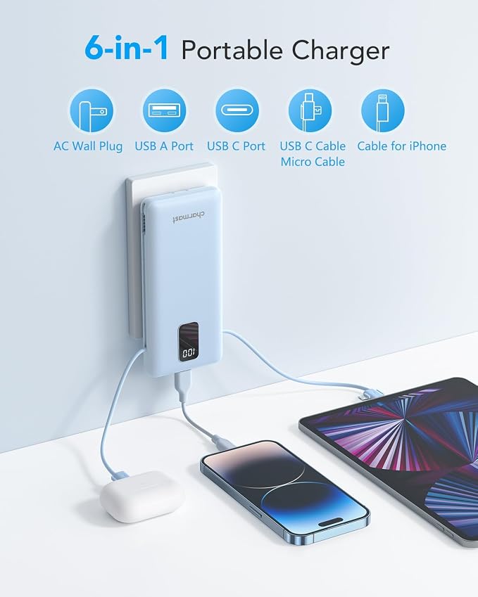 charmast Portable Charger Power Bank Built in Cables,10000mAh Battery Pack | with AC Wall Plug,LED Display & 5 Outputs,Travel Camping Essentials Slim External Phone Charger for iPhone,Samsung,Android - Image 2