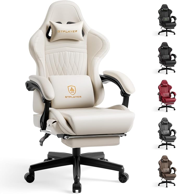 GTPLAYER Gaming Chair with Speakers, Video Game Chairs with Footrest, PC Gamer Chairs for Adults - Padded High Back Ergonomic Reclining Silla Gamer, Linkage Armrest, Ace Pro, Ivory by GTPLAYER