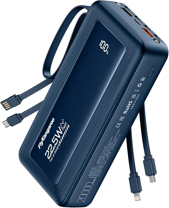 Portable Charger with Built-in Cables, 20000mAh Slim 22.5W Fast Charging Power Bank with LED Display, USB C Battery Pack 6 Outputs & 2 Inputs, Travel Essential Charger for iPhone, Samsung, Google etc by FlyKangaroo