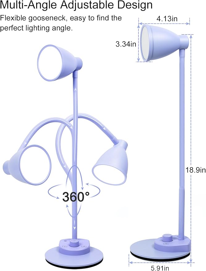 BOHON LED Desk Lamp with USB Charging Port, 3 Color Modes Dim, Lilac Purple | Reading Lamp, Auto Dimming Task Lamp, Flexible Neck Table Light for Office Dorm Bedside, Adapter Include - Image 7