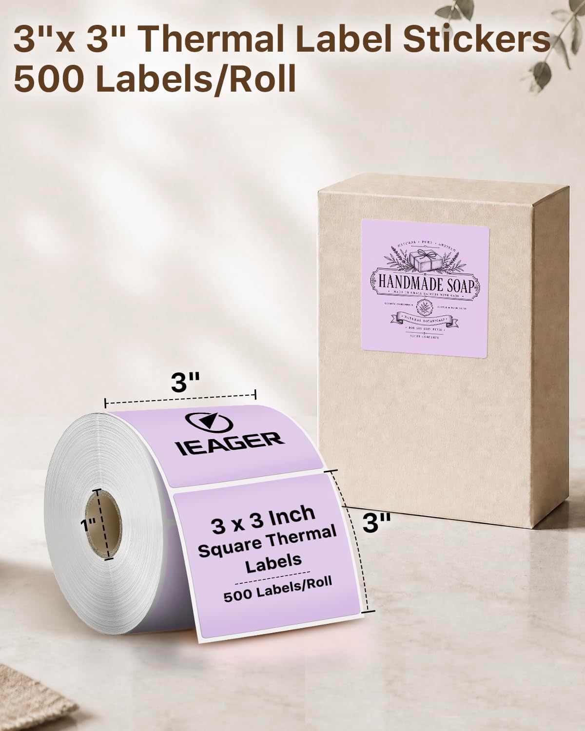 iEager Purple 3" x 3" Square Thermal Label Stickers, 500 Labels/Roll - Image 2