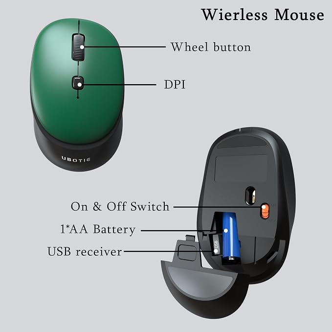 Colorful Wireless Computer Keyboards Mouse Combos (Green-Black) | UBOTIE Polychrome Round Keycaps Retro PC keyboards 2.4GHz Radio Frequency Connection With Optical Mouse Power Switch - Image 5