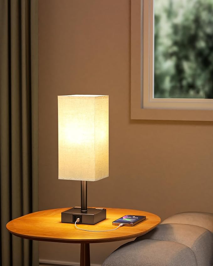 Brown Touch Table Lamp for Bedroom - Dimmable, USB C+A, 2 AC Outlets | 3-Way Dimming, 3000K Bulb Included, Square Brown Lampshade and Black Base, Desk Lamp for Nightstand, Living Room, Dorm - Image 9