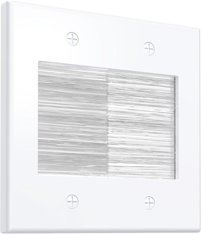 Fosmon 2-Gang Brush Wall Plate Double Gang Cable Management Kit, White | Wire Cord Hider and Faceplate Pass Through for Wall Mounted TV, Coaxial, HDMI, Ethernet Speaker Low Voltage Power Cords Wire by Fosmon