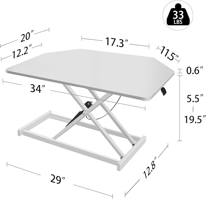 34 inch White Corner Height Adjustable Standing Desk Converter, One-Click Sit to Stand up Desk Riser, Pre-Assembled Dual Monitor and Laptop Workstation - Image 2