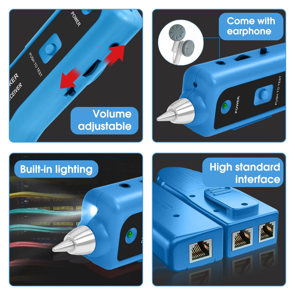 Cable Tracer Ethernet Network Cable Tester RJ45 RJ11 - Wire Toner Tracker CAT5 CAT6 Continuity Tester - Tone Generator and Probe Kit Telephone Line Finder Locator Detector Tool - Blue - Image 7