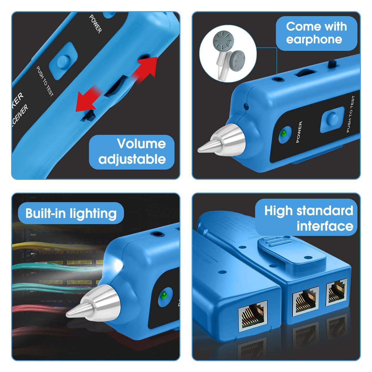 Cable Tracer Ethernet Network Cable Tester RJ45 RJ11 - Wire Toner Tracker CAT5 CAT6 Continuity Tester - Tone Generator and Probe Kit Telephone Line Finder Locator Detector Tool - Blue - Image 7