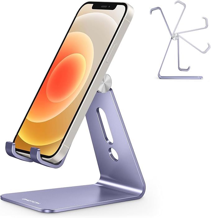 OMOTON Adjustable Cell Phone Stand, C2 Aluminum Desktop Cellphone Stand with Anti-Slip Base and Convenient Charging Port, Fits All Smart Phones, Haze Purple | Sturdy 3mm Aluminum, Charging Port, 270° Adjustable, Non-Slip Silicone Pads, Works with Thick... by OMOTON