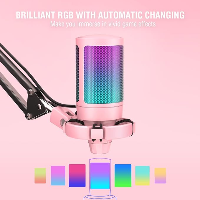 FIFINE A6T Pink Gaming USB Condenser Microphone Kit for Podcast Streaming | Mute Button, RGB Indicator, Gain Control, Boom Arm & Pop Filter, for PC/PS5/Mac Streaming Discord Twitch Podcasts - Image 3