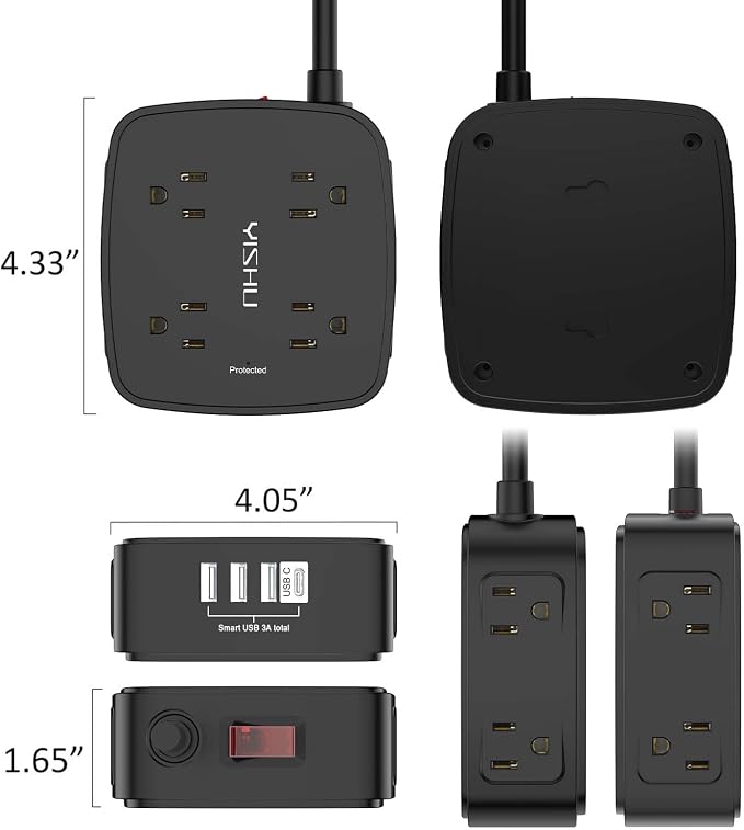 20 Ft Surge Protector Power Strip - 8 Widely Outlets with 4 USB Ports, 3 Side Outlet Extender with 20 Feet Extension Cord, Flat Plug, Wall Mount, Desk USB Charging Station, ETL, Black - Image 7