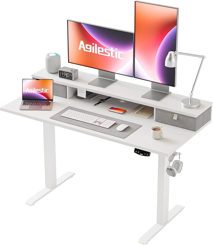 Agilestic 48 x 24 Inches Electric Standing Desk with 2 Storage Drawers, Adjustable Height Sit and Stand Computer Table with Splice Board, White | Electric Height Adjustable, 2 Storage Drawer, Monitor Stand, Sturdy Steel Frame, Memory Presets, Hooks, 15... by Agilestic