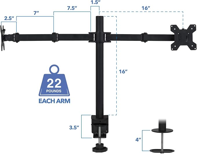 Mount-It! Dual Monitor Desk Stand, 19-32" Screens | Two heavy-duty height-adjustable arms with interchangeable C-clamp/grommet base, VESA 75/100 compatible. - Image 5