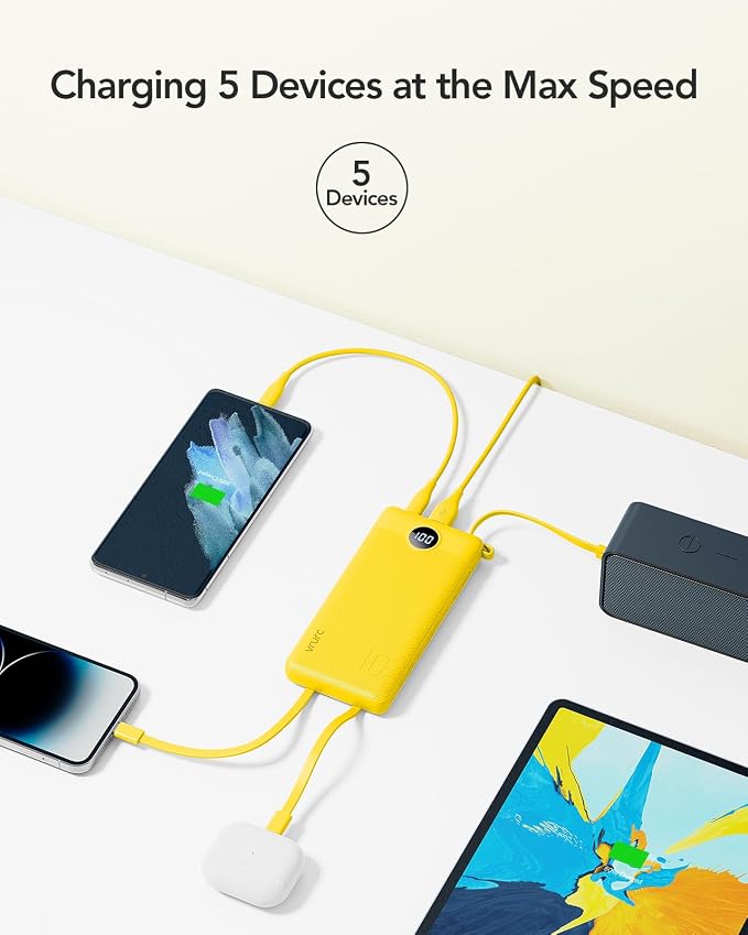 VRURC Portable Charger Power Bank, Built-in 4 Cables & 2 Ports 10000mAh | LED Display Slim Battery Pack,Compact Travel Essential Portable Phone Charger 5 Output for Multi Devices,Student/Teens(1Pack) - Image 4