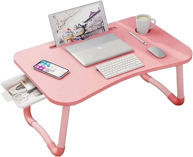 Laptop Desk Foldable Bed Table, Portable Lap Desk Laptop Bed Tray Table with Storage Drawer and Cup Holder, Lap TraysTables Notebook Stand Reading Desks Breakfast Tray for Beds Couch Sofa Floor – Pink by Kylinbigda