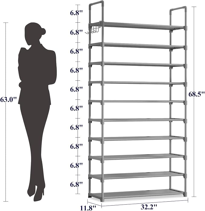 Kitsure 10 Tier Shoe Rack, Tall Shoe Organizer, 32.2" Wide, Gray | Large-Capacity Shoe Storage with Hooks, Shoe Shelf for Closet, Entryway, Bedroom, Living Room, Zapateras Organizer - Image 2