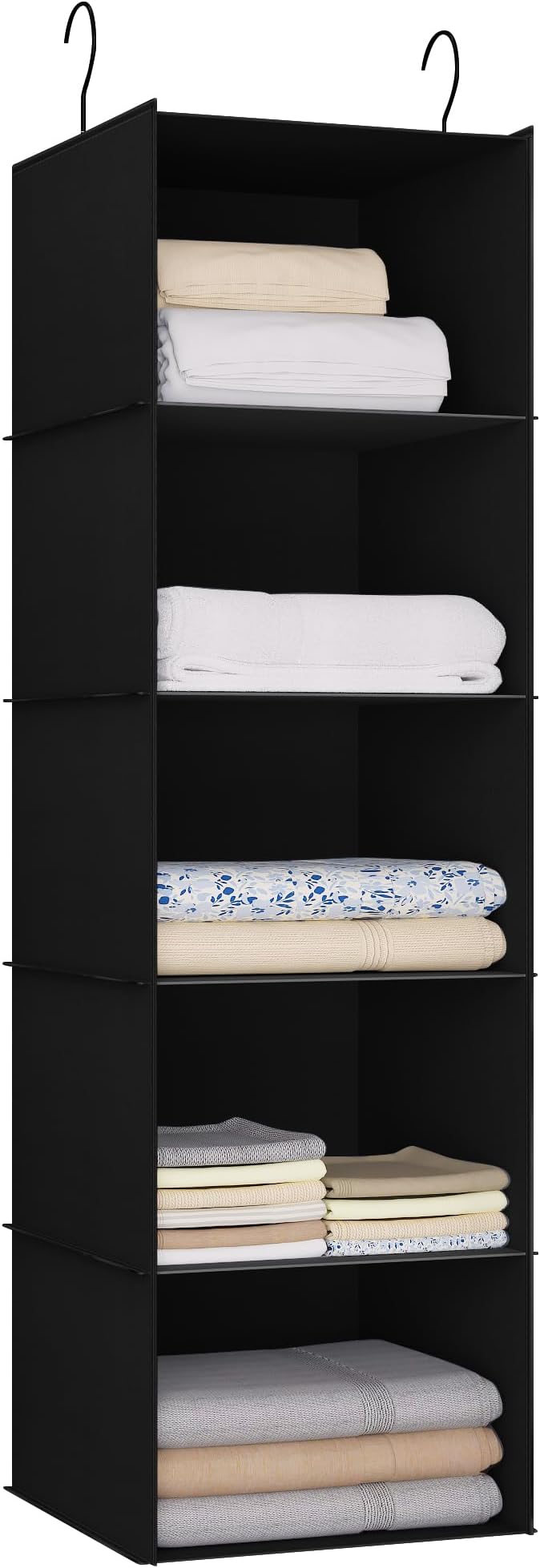 Hanging Closet Organizer 5-Shelf, Oxford Fabric Wardrobe Storage, Black | Easy-mount foldable design holds clothes, handbags, shoes & accessories; washable Oxford fabric, sturdy and space-saving. by DonYeco