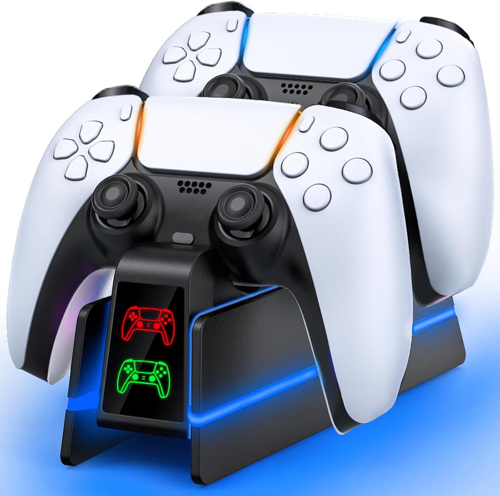 PS5-Controller-Charger-Station - Charging Station for PlayStation 5 Dualsense/Edge Controller with 9 Color Led Light, Fast Charging Dock & Holder Stand for PS5/Slim/Pro Remote - Whole Black by RJAD
