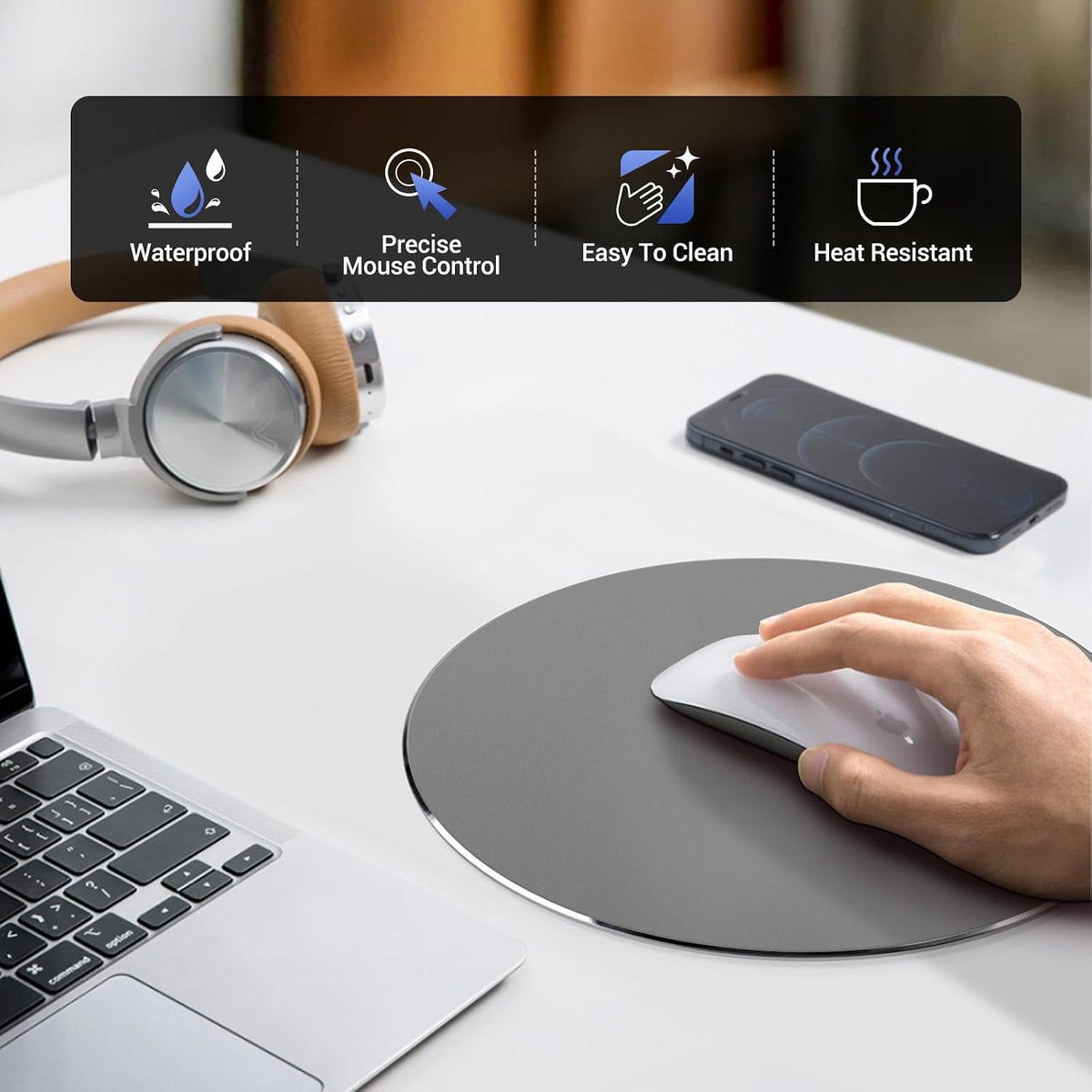 HONKID Metal Aluminum Mouse Pad, Thin Hard Mousepad 7.87 * 7.87 Round Grey - Image 2