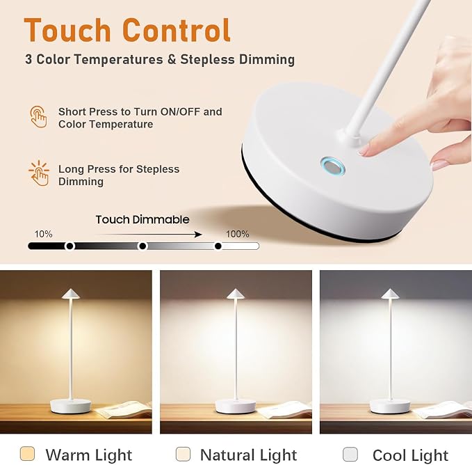 Set of 2 Cordless Rechargeable Led Table Lamp Battery Operated Light White | 6000mAh Touch 3 Color Dimming Portable Metal Outdoor Waterproof Light for Patio/Restaurant/Dining/Home - Image 3