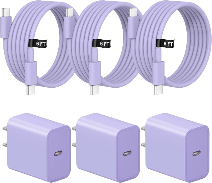 iPhone 17 16 15 Charger Fast Charging 3 Pack USB C Charger Block | Type C Chargers 6FT Cord Wall Chargers for iPhone Air/17/17 Plus/17 Pro/17 Pro Max/16/16 Plus/16 Pro/16 Pro (Purple) by STAKCYE