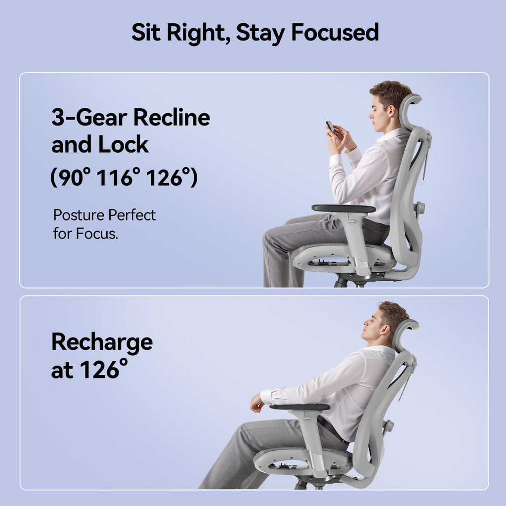 SIHOO M57 Ergonomic Mesh Office Chair, High Back Home Desk Chair with 3D Armrests, Lumbar Support and Adjustable Headrest, Comfortable Computer Chair, Hold 330 LBS-2 Packs-Light Grey - Image 7