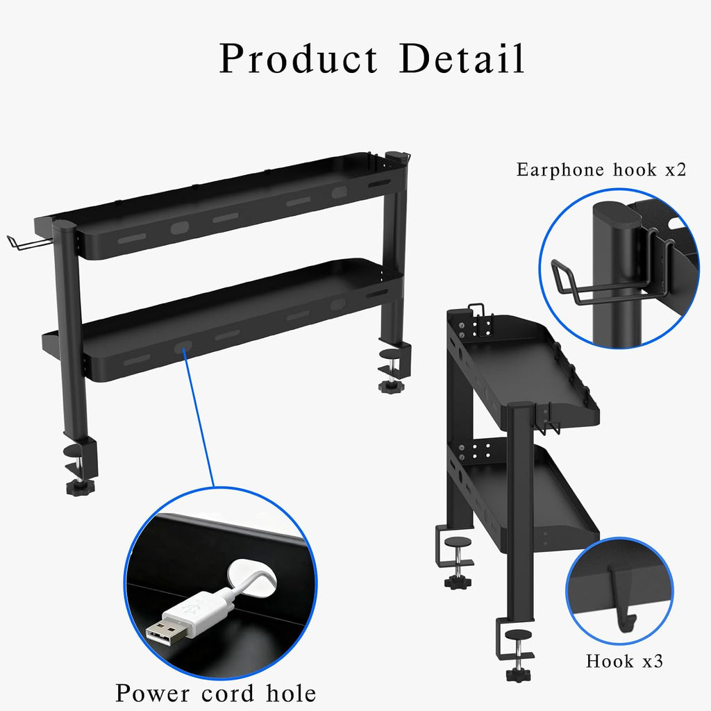 Clamp on Desk Shelf, 24in 2-Tier Office Desk Shelves Organizer, Shelf for Top of Desk with Headphone Holder and Hooks, Desktop Storage Rack for Home Workspace, Study Rooms, Gaming Accessories - Image 7