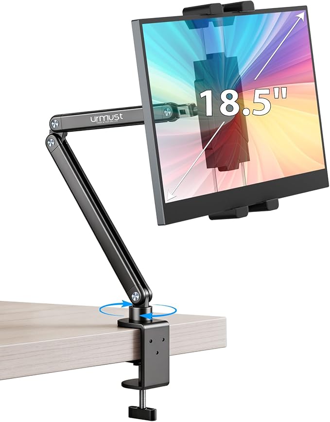 Portable Monitor Stand 15.6" Dual Arm iPad Stand for Desk | Portable Monitor Holder 18.5", Adjustable Tablet Holder for Bed, Aluminum Arm Mount for Second Screens, iPad, Galaxy Tab by Urmust