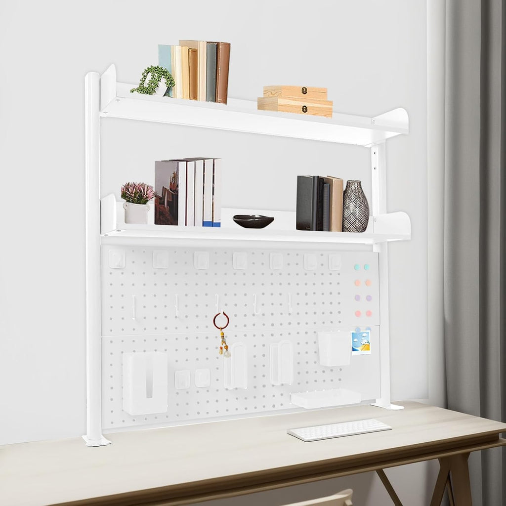 Clamp on Desk Shelf with Pegboard, 39.37" Wide Modern Desktop Organizer Bookshelf with 2 Tier Adjustable Storage Shelf for Home Office Desktop Shelving System - Image 7