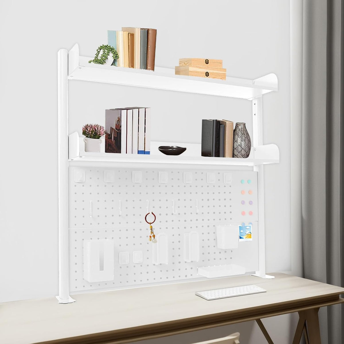 Clamp on Desk Shelf with Pegboard, 39.37" Wide Modern Desktop Organizer Bookshelf with 2 Tier Adjustable Storage Shelf for Home Office Desktop Shelving System - Image 7