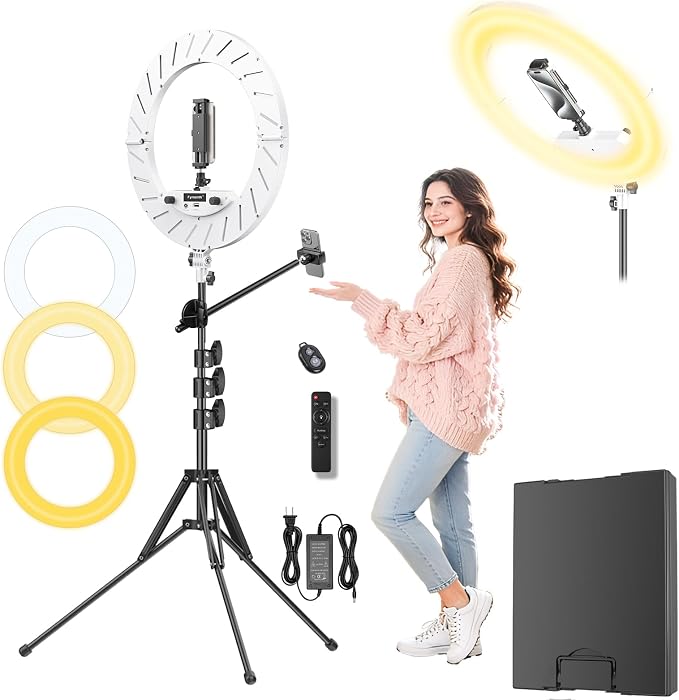 Ring Light 18" with Stand, 55w 6700K LED Light,63" Tripod,Multi-Angle Adjustable Phone Stand, for iPhone and Android Phones, CRI95, Suitable for YouTube, TikTok, Selfies (White, 18") by Fyrxznth