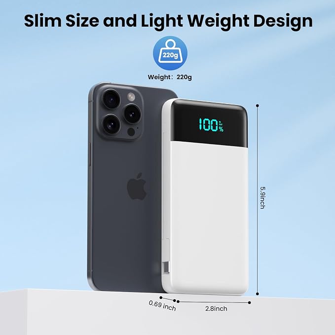 Portable Charger for iPhone,13800mAh Slim Power Bank with Built-in Cables & AC Wall Plug,All in One 4 Outputs USB C Fast Charging Battery Pack Travel Essential for iPhone 17/16/15/14,Android (White) - Image 5