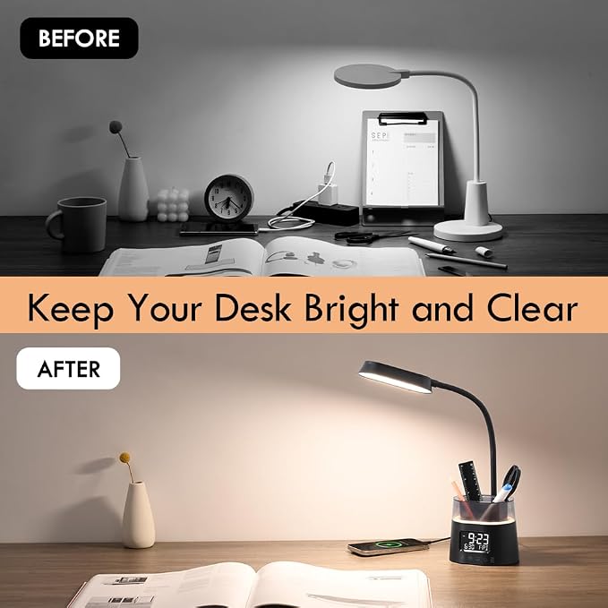 WILIT LED Desk Lamp, Dimmable Study Lamp for Home Office Accessories, Black | Table Lamp with Pen Holder & Clock, USB Charging Port, RGB Night Light, Bedroom & College Dorm Room Essentials for Boys Girls - Image 6