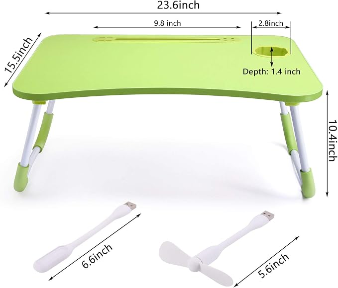 Slendor Foldable Lap Desk with Cup Holder for Bed, Couch, Floor | Portable,with USB Light, Fan, Pen Holder,Tablet Holder,for Laptop,Writing,Eating, Green - Image 6