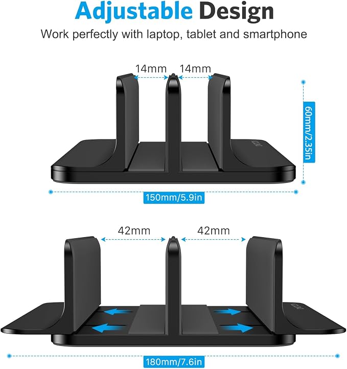 OMOTON Dual Vertical Desk Laptop Stand Holder, Fits MacBook Air/Pro, Black | Aluminum Laptop Storage Rack for Desk, Adjustable Dock for Up to 17.3 in. Gaming Laptop, Space-Saving Desk Organizer - Image 4