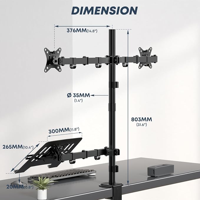 Dual Monitor Stand and Laptop Mount, Fits 32" Monitor & 15" Laptops | Extra Tall Adjustable Stand Holds 19.8 lbs per Arm, Sturdy C-clamp/Grommet Base, Egonomic Setup for Home Office,Black - Image 5