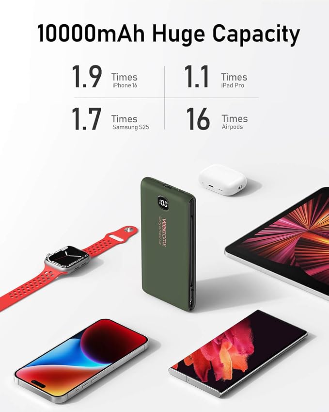 VEEKTOMX 10000mAh Portable Charger with Built-in Cables & Wall Plug | Fast Charging Slim USB-C Power Bank for iPhone, Samsung, iPad | 5 Outputs, Charges 4 Devices, ETL Certified, Green - Image 6